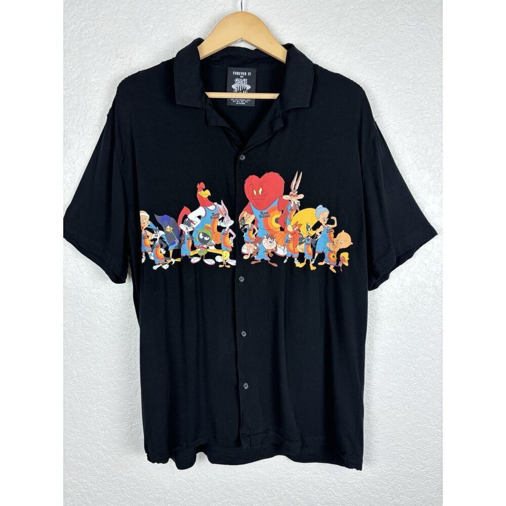 Forever 21 Men Space Jam Looney Tunes Button Up Shirt Size XL Black Cartoon